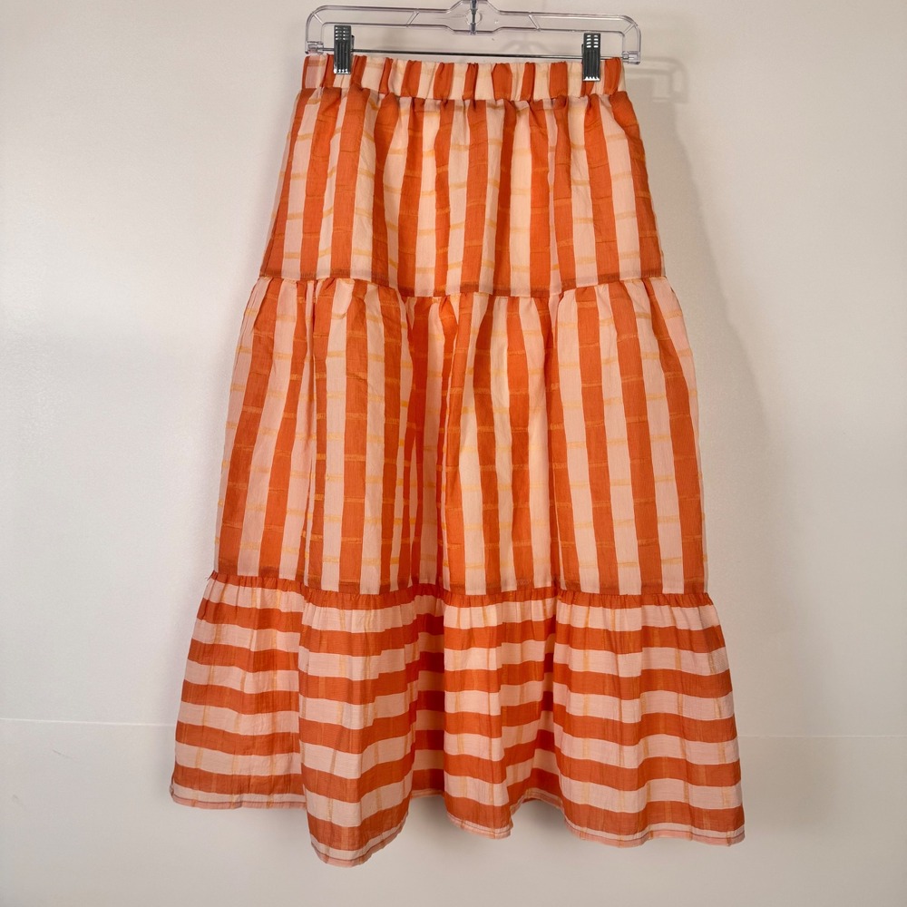 dRA Los Angeles Tiered Skirt Womens M Orange Striped Midi Summer Boho Peasant